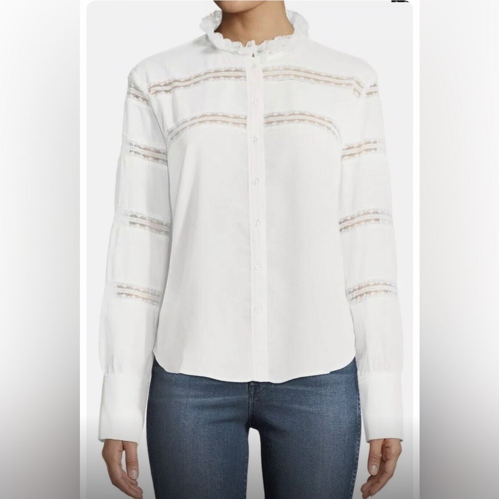 Few Moda L/S White Lace Striped Button-Front Blouse Top Sz Large